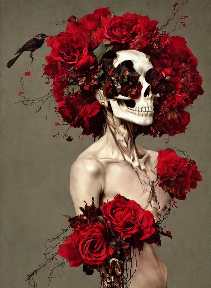 Image similar to transparent woman in a mask of a bird\'s skull with a wreath of roses, dressed in a dress of red boiling liquid wax, from under which the bones of the skeleton are visible, flying around the bird, buds and rose petals, dark background, painted by Caravaggio, Greg rutkowski, Sachin Teng, Thomas Kindkade, Alphonse Mucha, Norman Rockwell, Tom Bagshaw.