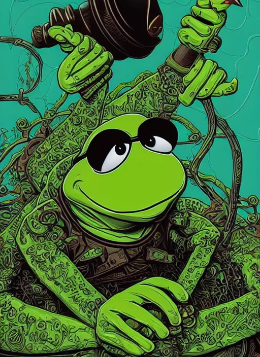 Prompt: Portrait of Kermit the frog, Kilian Eng, Dan Mumford, Jason Edmiston, detailed