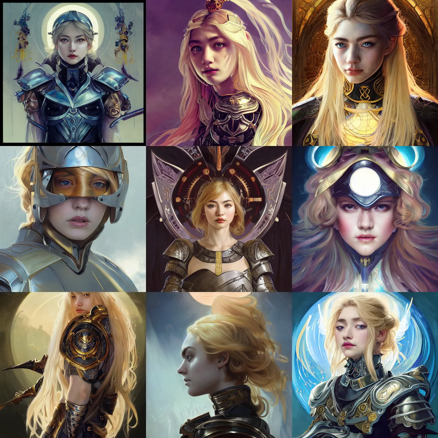 Prompt: masterpiece head-on symmetrical centered painted portrait, Imogen Poots as a D&D paladin, blonde hair, holy light halo, glorious, wearing full metal armour, elegant, in the style of Ruan Jia and Artgerm and Edgar Maxence and Ross Tran and Alphonse Mucha and Ayami Kojima and Charlie Bowater and Karol Bak and Jean Delville, Art Nouveau, Pre-Raphaelite, Neo-Gothic, gothic, Art Nouveau, rich deep moody colors