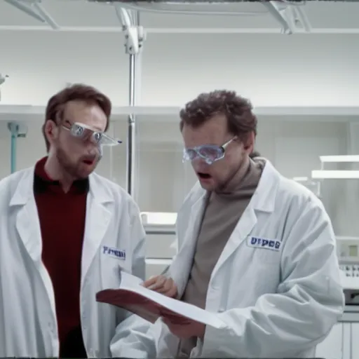 Prompt: filmic extreme close up shot movie still 4 k uhd interior 3 5 mm film color photograph of two scientists arguing and yelling in a lab in antartica