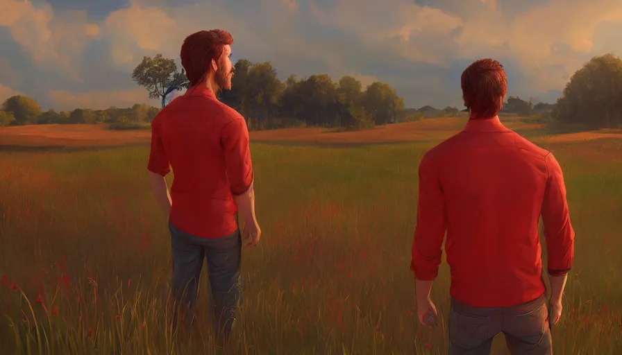 Image similar to back view of a man with red shirt and brown hair looking the sun in the field, wood on the left, houses on the right, hyperdetailed, artstation, cgsociety, 8 k