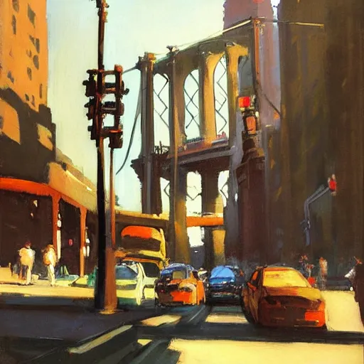 Prompt: a busy street corner under the brooklyn bridge by greg manchess, studio ghibli