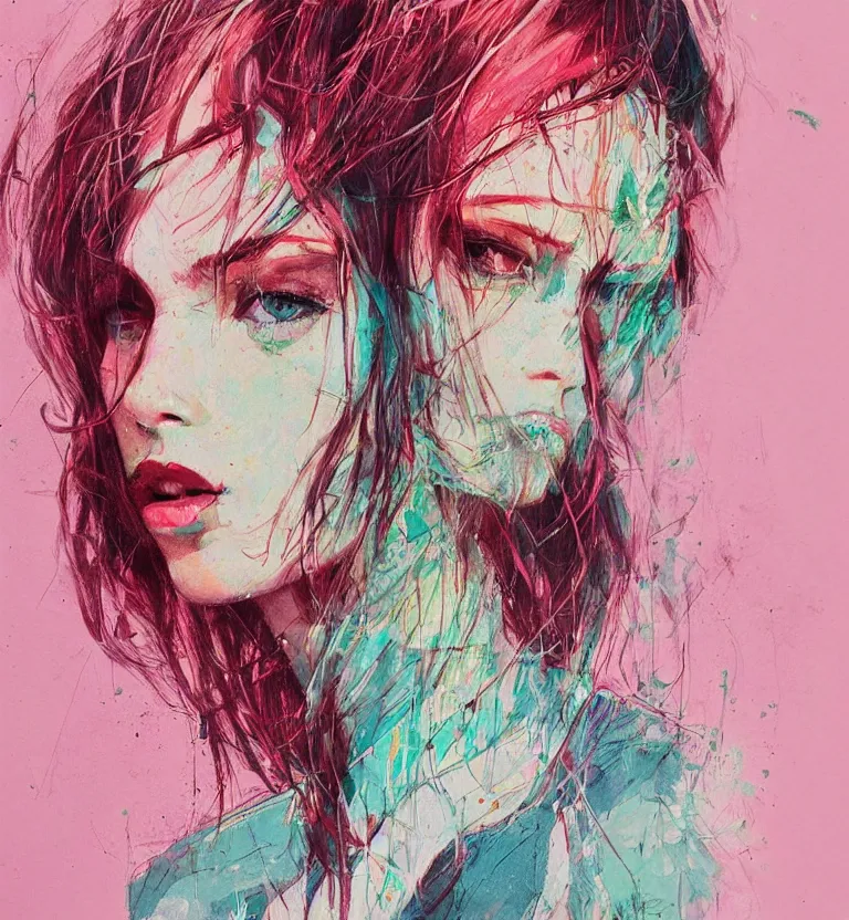 Image similar to close up portrait painting of a female dressed in nineties street styling, concept art, intricate details, highly detailed, aesthetically pleasing pastel colors, art by conrad roset