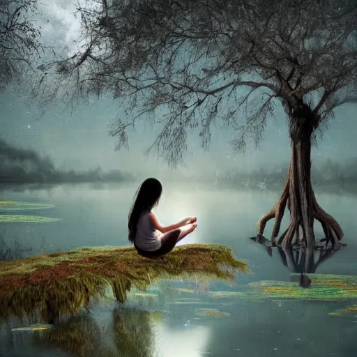 Prompt: a girl sits on the roots of an ancient tree looking at the reflection of the moon in a pond, the moon can be glimpsed through the trees, towering forest veiled by fog, dark fantasy, night time, realistic painting