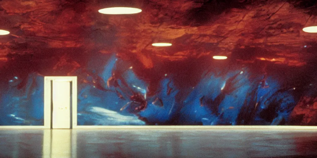 Image similar to color film still, a large wall with the sea painted on it. floor, ceiling with fluorescent lights ; alien 2 ( 1 9 8 6 )