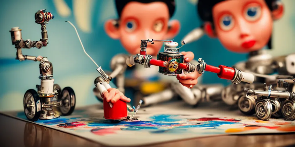 Image similar to closeup portrait of tin toy retro robot painter mixing gouache on white paper table in an artist workshop, depth of field, zeiss lens, detailed, centered, fashion photoshoot, by nicoletta ceccoli, mark ryden, lostfish, breathtaking, 8 k resolution, extremely detailed, beautiful, establishing shot, artistic, hyperrealistic, octane render