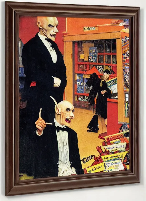 Image similar to upper body portrait of nosferatu in a suit, in the background a candy store, sunny day, by norman rockwell