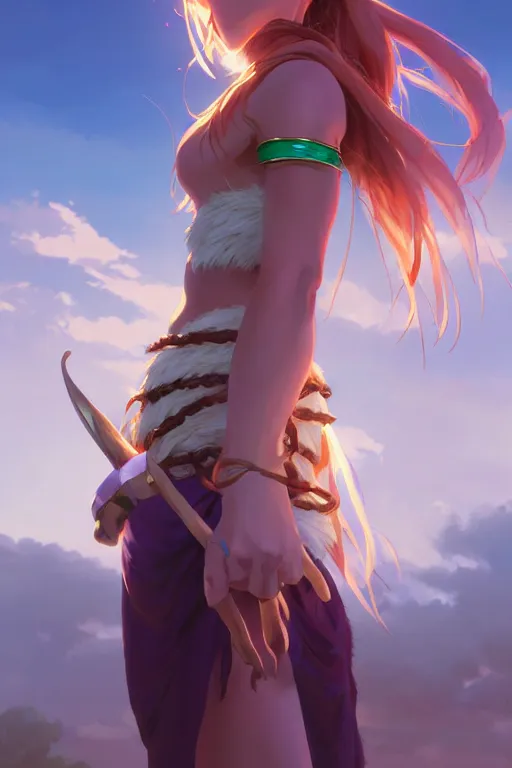 Image similar to long ginger hair, tanned woman in a prehistoric outfit, green eyes, fang necklace, by artgerm, hair tied in a ponytail, white backdrop, soft lighting, blue and purple colors, by greg rutkowski makoto shinkai takashi takeuchi