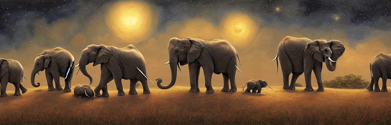 Prompt: two adult elephant and a baby elephant sleeping soundly under a starry sky surrounded by savannah, illustration, detailed, smooth, soft, warm, by Adolf Lachman, Shaun Tan, Surrealism