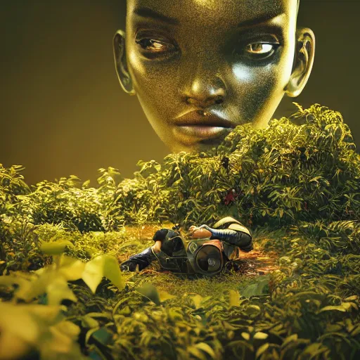 Image similar to beautiful overgrown foliage taking over an ( beautiful abandoned human - shaped robot body laying on the ground ), close - up, 3 5 mm, biopunk, bokeh, beautiful, lens flare, emotional, sweet, flowers, detailed, picture, trending on artstation, award - winning, shiny, golden, angle view, octane render