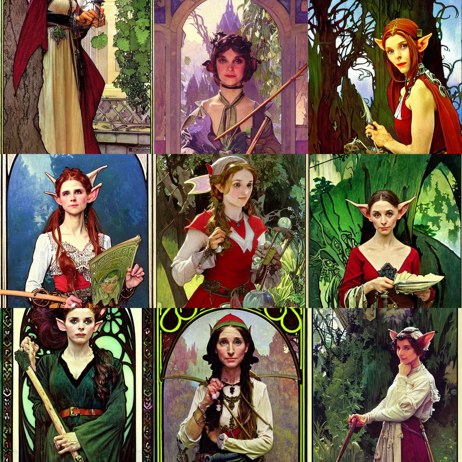 Prompt: portrait female elf wizard, dungeons and dragons, character, fantasy, city, garden, curious, magic staff, painting, by norman rockwell and alphonse mucha
