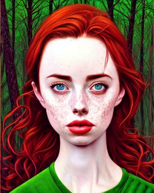 Prompt: gorgeous Kacey Rohl, realistic character concept, red hair, freckles, symmetrical face, symmetrical eyes, green dress, forest, trees, shorter neck, cinematic lighting, artgerm, Joshua Middleton, Adreas Rocha, beautiful