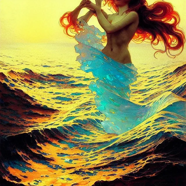 Image similar to backlit ocean waves of glossy kaleidoscopic liquid honey drops flowing like psychedelic translucent amber, lsd waves, lsd ripples, backlit, sunset, refracted lighting, art by collier, albert aublet, krenz cushart, artem demura, alphonse mucha