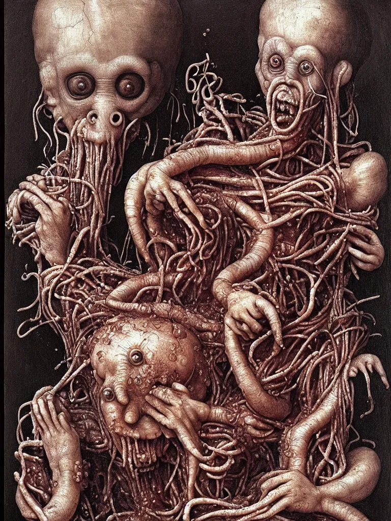 Image similar to a boy like the spaghetti monster, eraserhead and elephant man sitting in a tub full of tomato sauce, looking straight into camera, screaming in desperation, by giuseppe arcimboldo and ambrosius benson, renaissance, fruit, intricate and intense oil paint, a touch of joseph cornell, beksinski and hr giger and edward munch, realistic