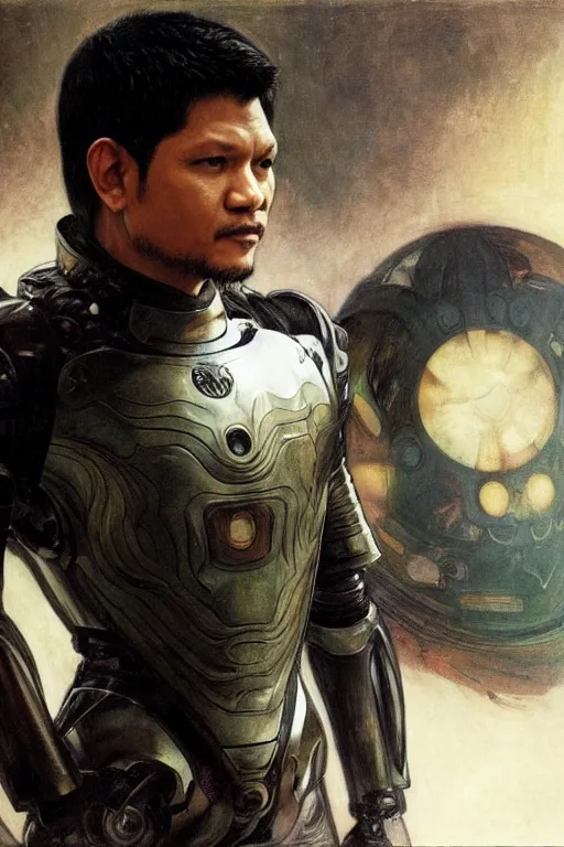 Image similar to iko uwais wearing robot armour, bouguereau and mucha