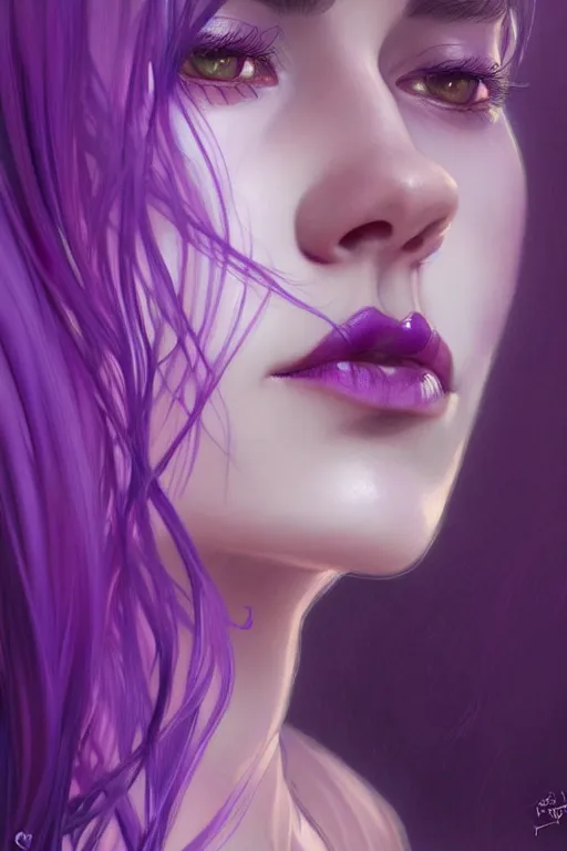 Image similar to Purple hair, creative colouring Portrait of woman face profile, fashion, coloured strands of hair, intricate, elegant, highly detailed, digital painting, artstation, concept art, smooth, sharp focus, illustration, art by artgerm and greg rutkowski and alphonse mucha