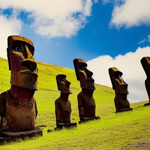 Image similar to 4 k colorful photograph of easter island statues overlooking a prison