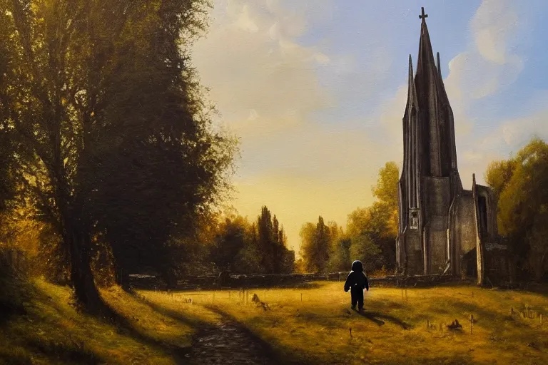 Prompt: a detailed oil painting of darth vader leaving a quaint medieval flint church, english, churchyard, trees, golden hour, lead - covered spire