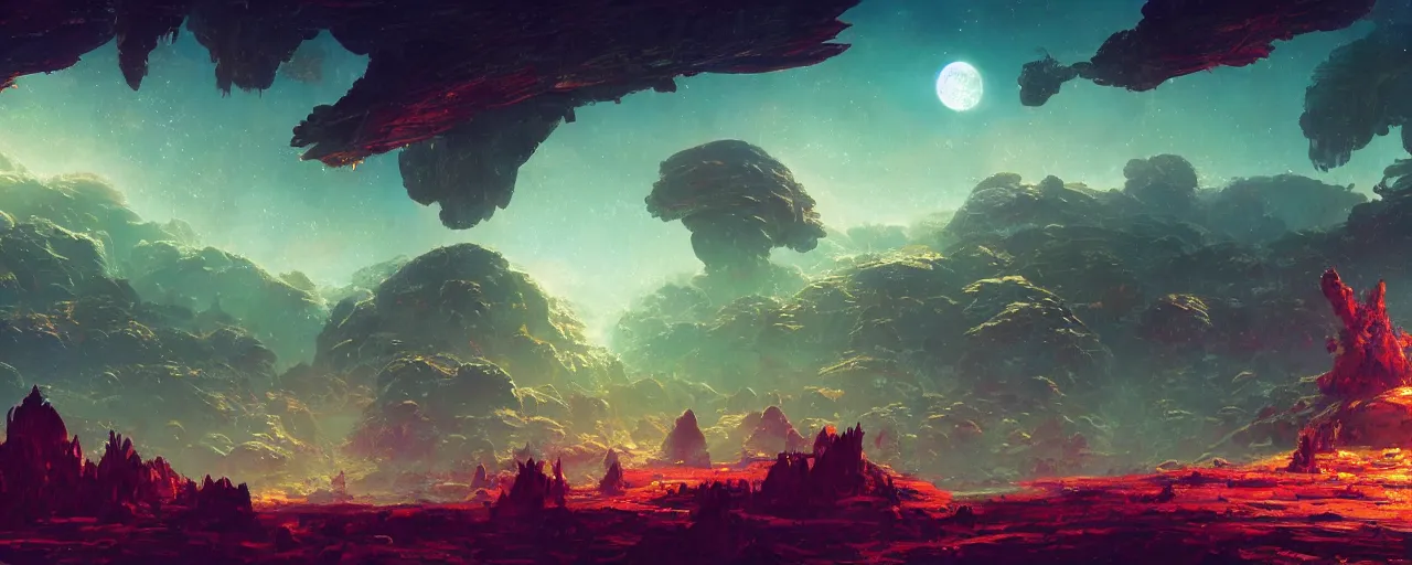 Image similar to ” outer planet landscape, [ cinematic, detailed, epic, widescreen, opening, establishing, mattepainting, photorealistic, realistic textures, octane render, art by paul lehr ] ”