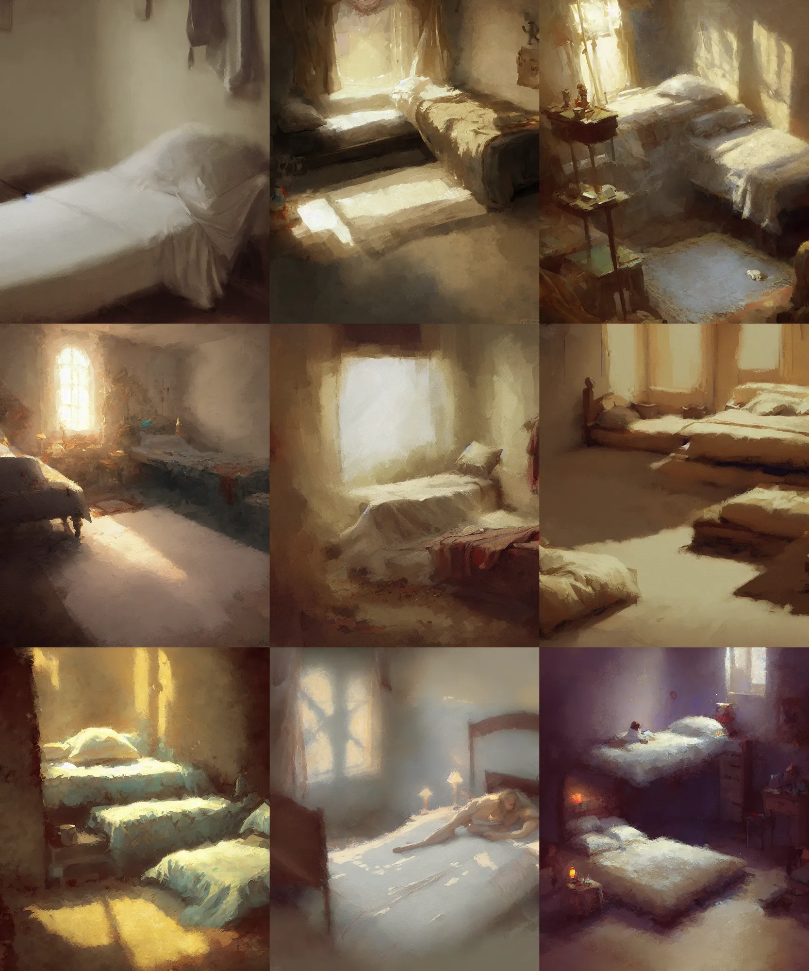 Prompt: zenith angle view digital art painting of an small humble unmade bed painted by craig mullins and gaston bussiere and greg rutkowski, soft warm lighting