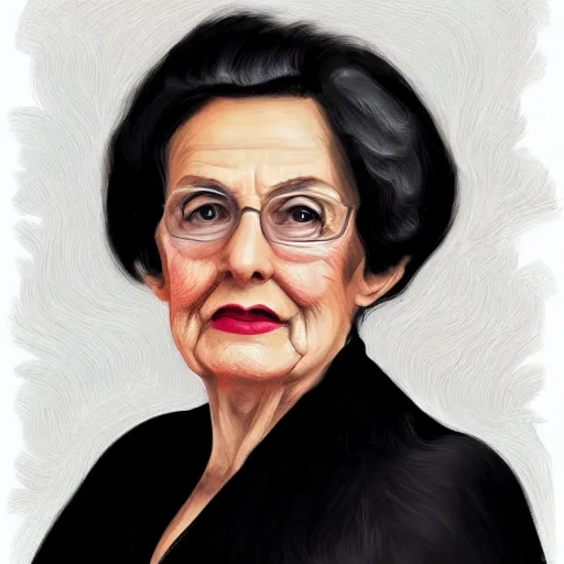 Prompt: a digital portrait of a 89 year old with black hair,hazel green eyes, drawn in the style of mark Arian