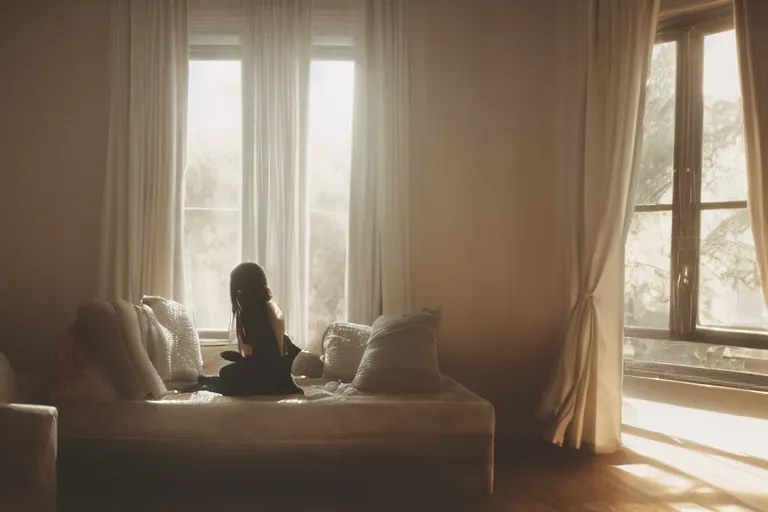 Prompt: film photography of the light shining on girl in living room interior, soft light, no focus