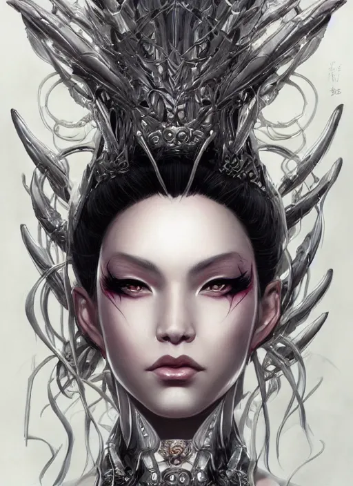 Image similar to a detailed face portrait of the queen of blades, line art, beautiful face, by yusuke murata, by hiroya oku, by tom bagshaw, trending on artstation