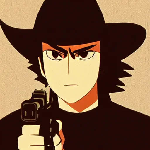 Prompt: a man in black posing while holding a pistol, by Studio Ghibli