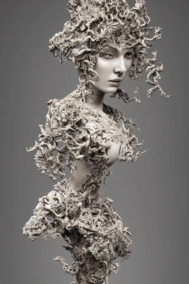 Prompt: a sculpture made of vine, bust, single portrait, lady, future, fashion, harper's bazaar, vogue, magazine, insanely detailed and intricate, concept art, ornate, luxury, elite, elegant, trending on artstation, by Ruan Jia, Kenneth Willardt, Ross Tran, WLOP, Andrei Riabovitchev.