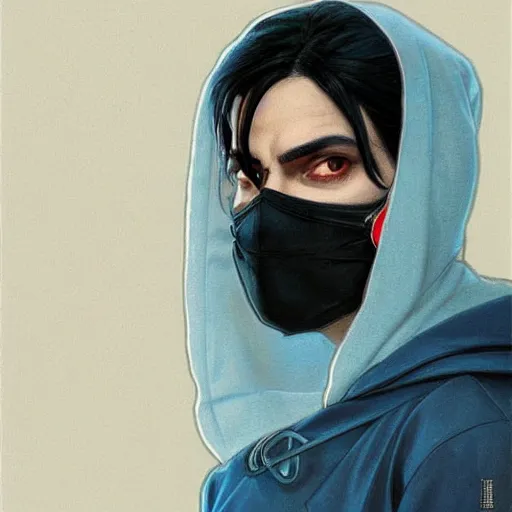 Image similar to ultra realistic illustration, man with black hair with a black medical mask, in blue hood, red and blue eyes, highly detailed, digital painting, artstation, concept art, smooth, sharp focus, illustration, art by artgerm and greg rutkowski and alphonse mucha