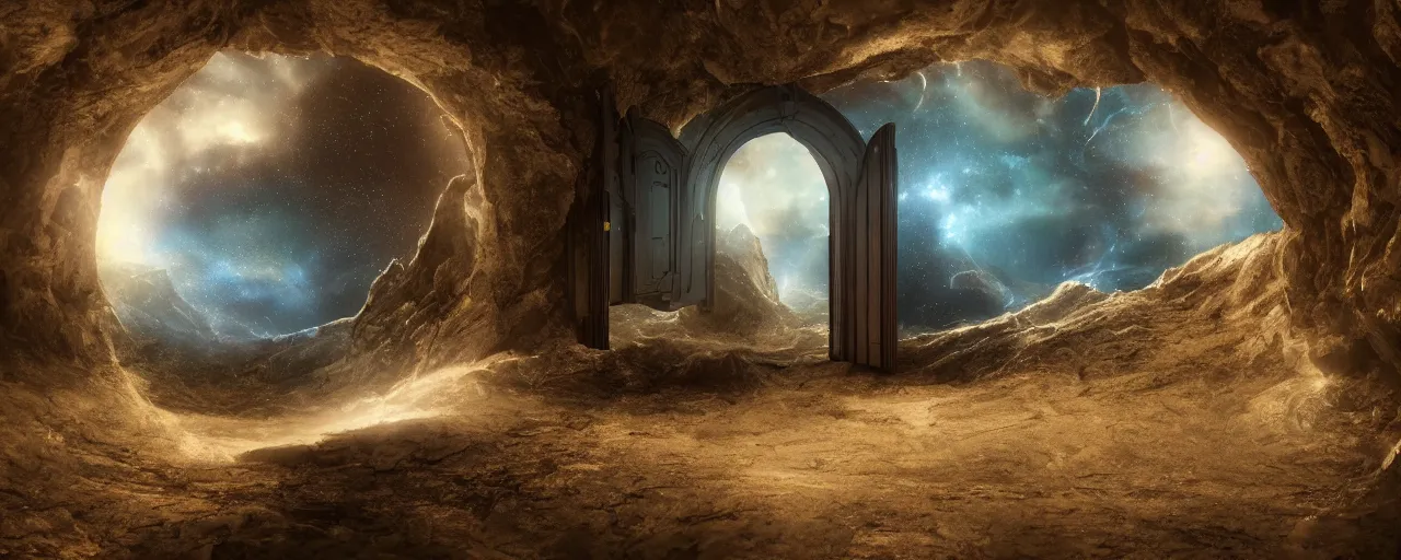 Image similar to improbability, fantasy landscape, door portal, cinematic, low angle, galaxies in the sky, octane render