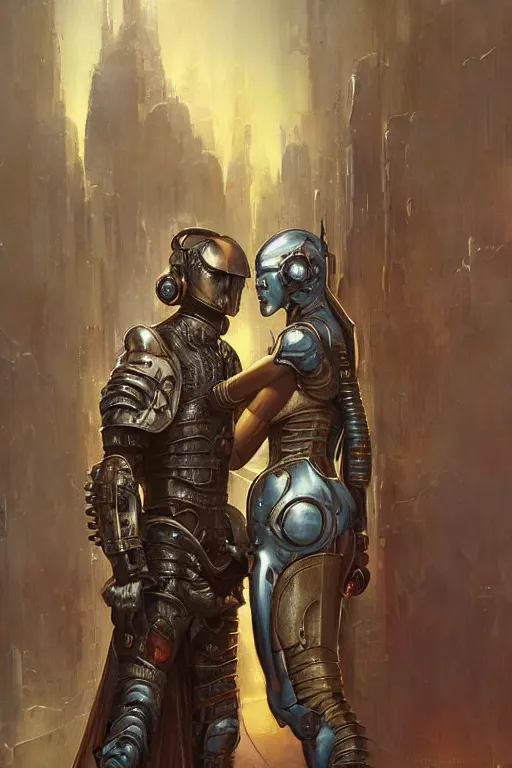 Image similar to a painting of a man in armor holding a woman, cyberpunk art by greg staples and by thomas blackshear and by michael whelan, cgsociety, fantasy art, dystopian art, androgynous, poster art
