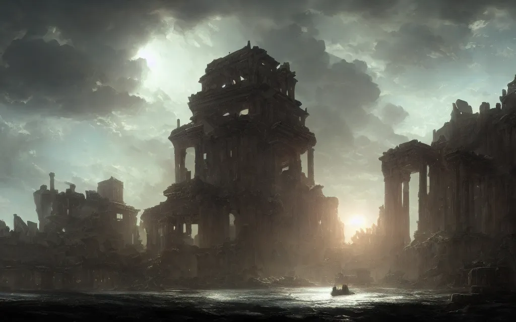 Image similar to high contrast longshot photograph of advanced civilization city ruins floating in a disc in the sky by hubert robert, lee madwick and bastien lecouffe - deharme 8 k artstation cinematic dramatic lighting