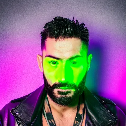 Prompt: bust portrait of handsome proud man with short black hair with some grey hair, very short full beard warrior, cyberpunk, fashion editorial photography, neon color scheme, waist up, low angle