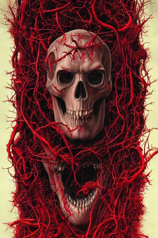 Image similar to realistic portrait beautiful detailed matte painting of cinematic movie scene a bleeding red skull, tentacles, black and red, thorns, vines, horror, created by gustave dore and greg rutkowski, high detailed, smooth draw, synthwave neon retro, intricate, realistic proportions, dramatic lighting, trending on artstation.