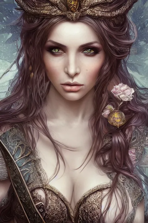 Image similar to alluring highly-detailed pen and ink illustration portrait of an attractive young elf woman (played by Irine Meier ), clothed in a chesty fantasy outfit, intricate, elegant, highly detailed, digital painting, trending on Artstation, concept art, smooth, sharp focus, illustration, in the style of artgerm and greg rutkowski and alphonse mucha