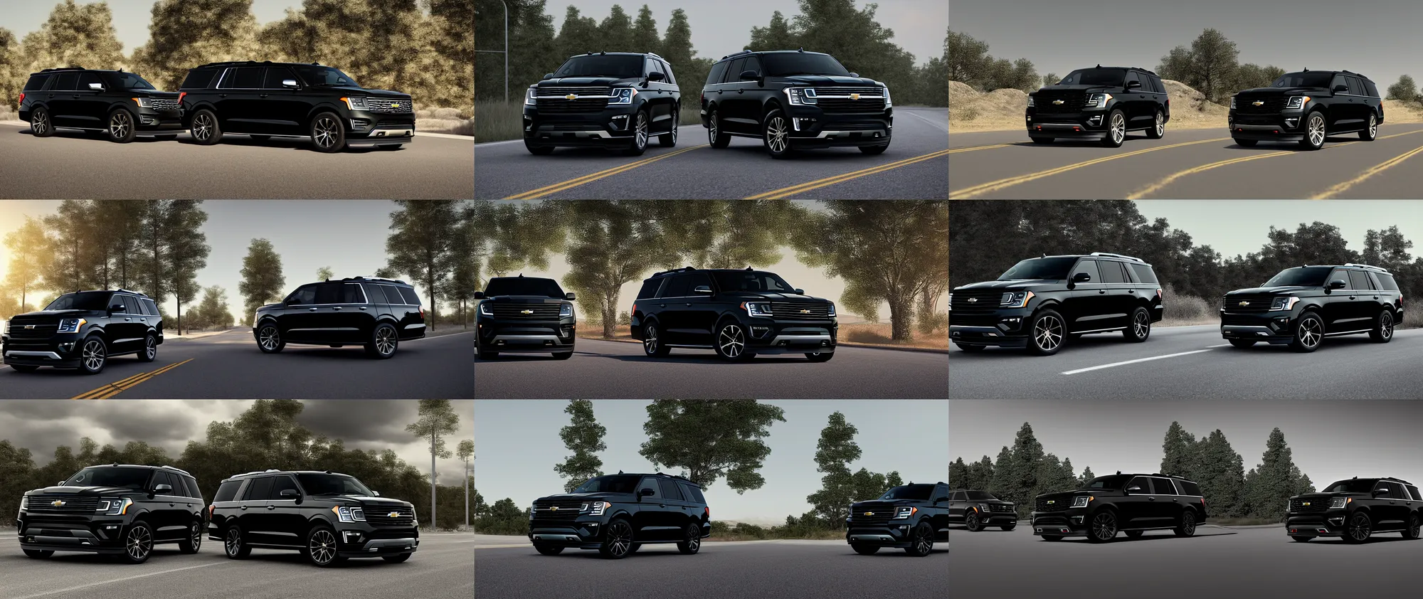 Prompt: a black suv inspired by a 2 0 2 2 chevrolet suburban and 2 0 2 2 ford expedition driving down the road, a digital rendering, trending on cg society, regionalism, ultrafine detail, rendered in unreal engine, reimagined by industrial light and magic