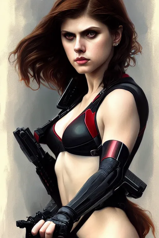 Image similar to alexandra daddario as black widow, realistic portrait, symmetrical, highly detailed, digital painting, artstation, concept art, smooth, sharp focus, illustration, cinematic lighting, art by artgerm and greg rutkowski and alphonse mucha