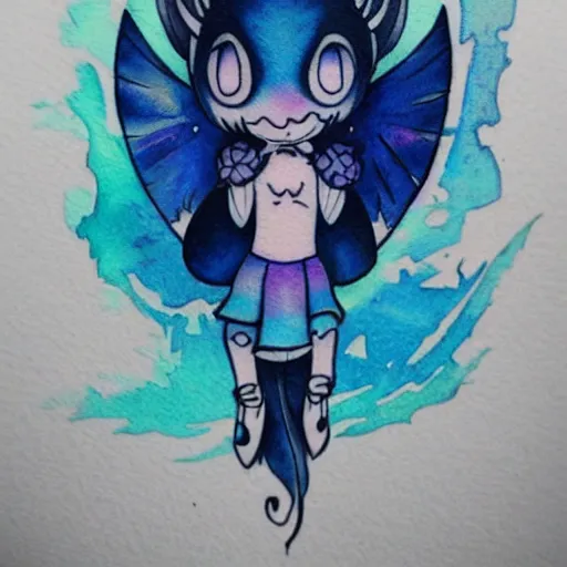 Prompt: tattoo design of a cute blue will of the wisp character. watercolor