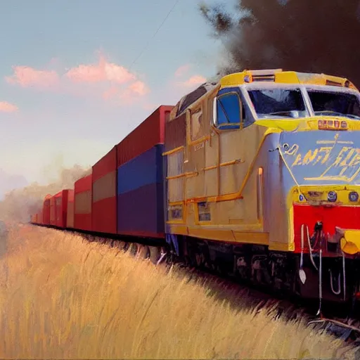 Image similar to freight line, unreal 5, DAZ, highly detailed, soft focus, brilliant, 4k, trending on artstation, art by Rick Guidice painting by Robert McCall by John Harris,
