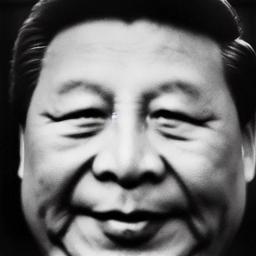 Image similar to photo of Xi Jinping by Diane Arbus, extreme closeup, black and white, high contrast, Rolleiflex, 55mm f/4 lens