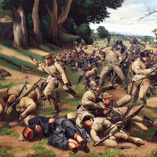 Prompt: Civil War battle of gettysburg but all the soldiers are pugs, painting, painted by michelangelo, 8k