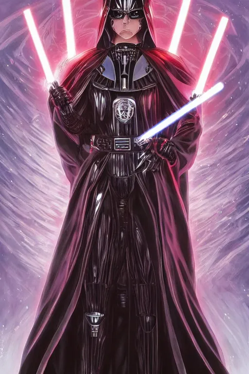 Image similar to anime key visual of a female darth vader goddess!!, intricate, stunning, highly detailed, digital painting, artstation, smooth, hard focus, starwars, sith, dark side, villain, the force, lucas films, illustration, art by artgerm and greg rutkowski and alphonse mucha