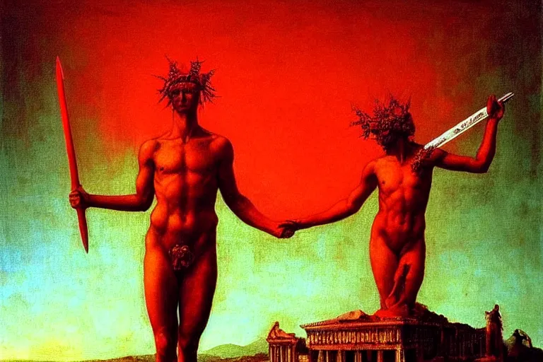 Image similar to only with red, a red melted apollo with a laurel wreath and a flaming sword announce the win, athens in the background, in the style of beksinski, part by hopper, part by rodcenko, part by hofbauer, intricate composition, red by caravaggio, insanely quality, highly detailed, masterpiece, red light, artstation
