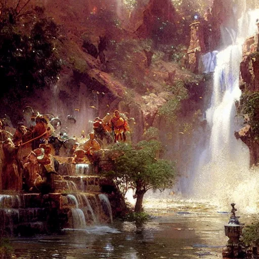 Image similar to waterfall flooding an entire city. victorian age. highly detailed painting by gaston bussiere, craig mullins, j. c. leyendecker