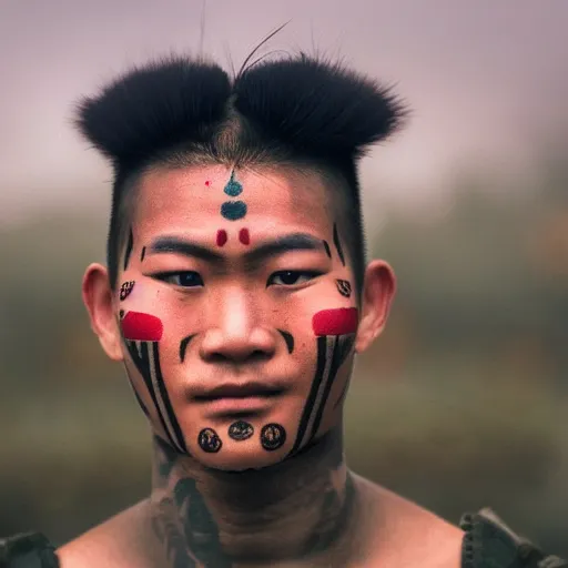 Prompt: a ultra high resolution close - up of a beautiful young tai warlord standing in crowd of battlefield, looking down at the camera. his face is partially obscured by yantra tattoo, and he has a smiling expression. the light is dim, and the colours are muted. kodak etkar 1 0 0
