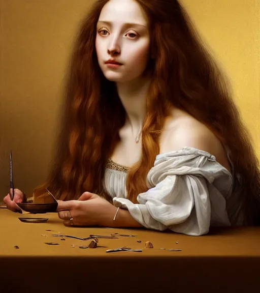 Image similar to portrait of a beautiful long - haired woman sitting upon a table with heightened detail, poised, intense emotion, detailed facial expression, detailed surroundings, intricate, elegant, highly detailed, centered, digital painting, artstation, concept art, smooth, sharp focus, illustration, by ( leonardo da vinci ), wlop