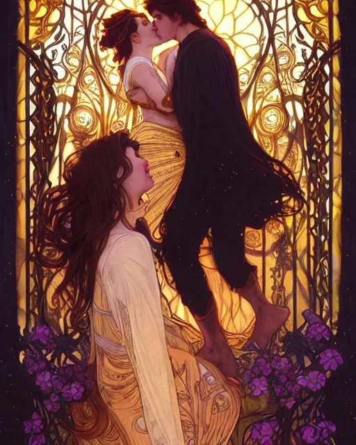 Prompt: the kiss | highly detailed | very intricate | art nouveau | gold filigree | romantic storybook fantasy | soft cinematic lighting | award - winning | professional portraiture | disney concept art watercolor illustration by mandy jurgens and alphonse mucha and alena aenami | pastel color palette | featured on artstation