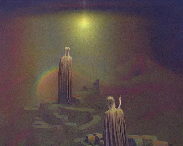 Prompt: praying to ancient gods of transitioning by beksinski, carrington, bosch, dali, barlowe, magritte, pagan bright multirainbow colors