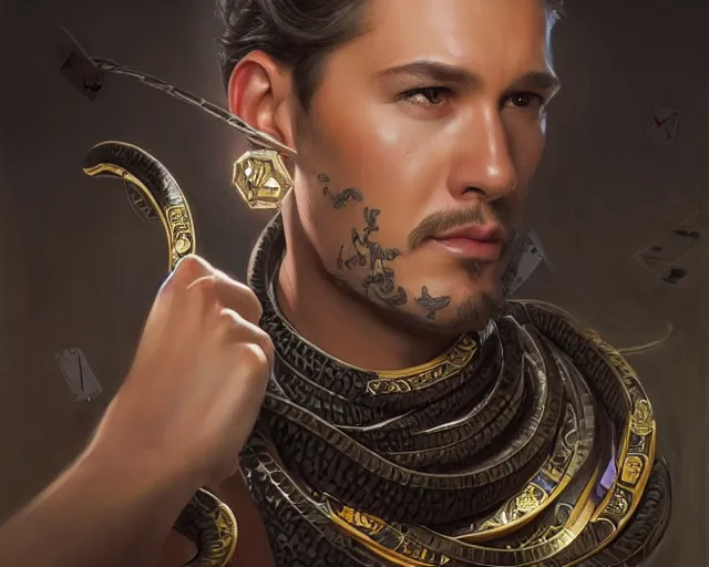 Prompt: man rolling snake eyes, casino, busy, security, poker, one arm bandit, smart clothing, cocktail dresses, deep focus, d & d, fantasy, intricate, elegant, highly detailed, digital painting, artstation, concept art, matte, sharp focus, illustration, hearthstone, art by artgerm and greg rutkowski and alphonse mucha